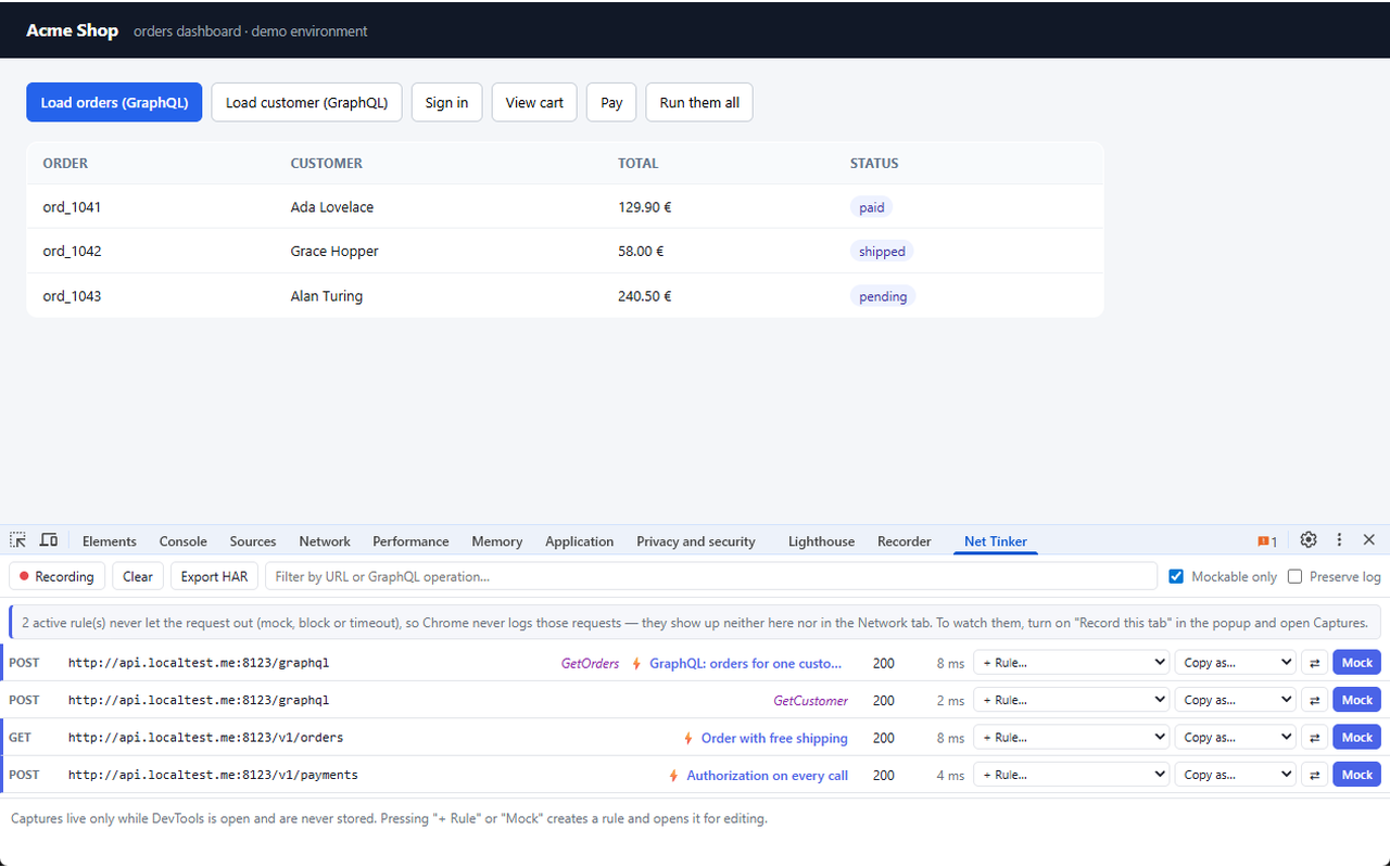 The Net Tinker panel in DevTools under a demo shop page, listing four requests with their GraphQL operation name, and a lightning bolt next to the ones a rule touched.