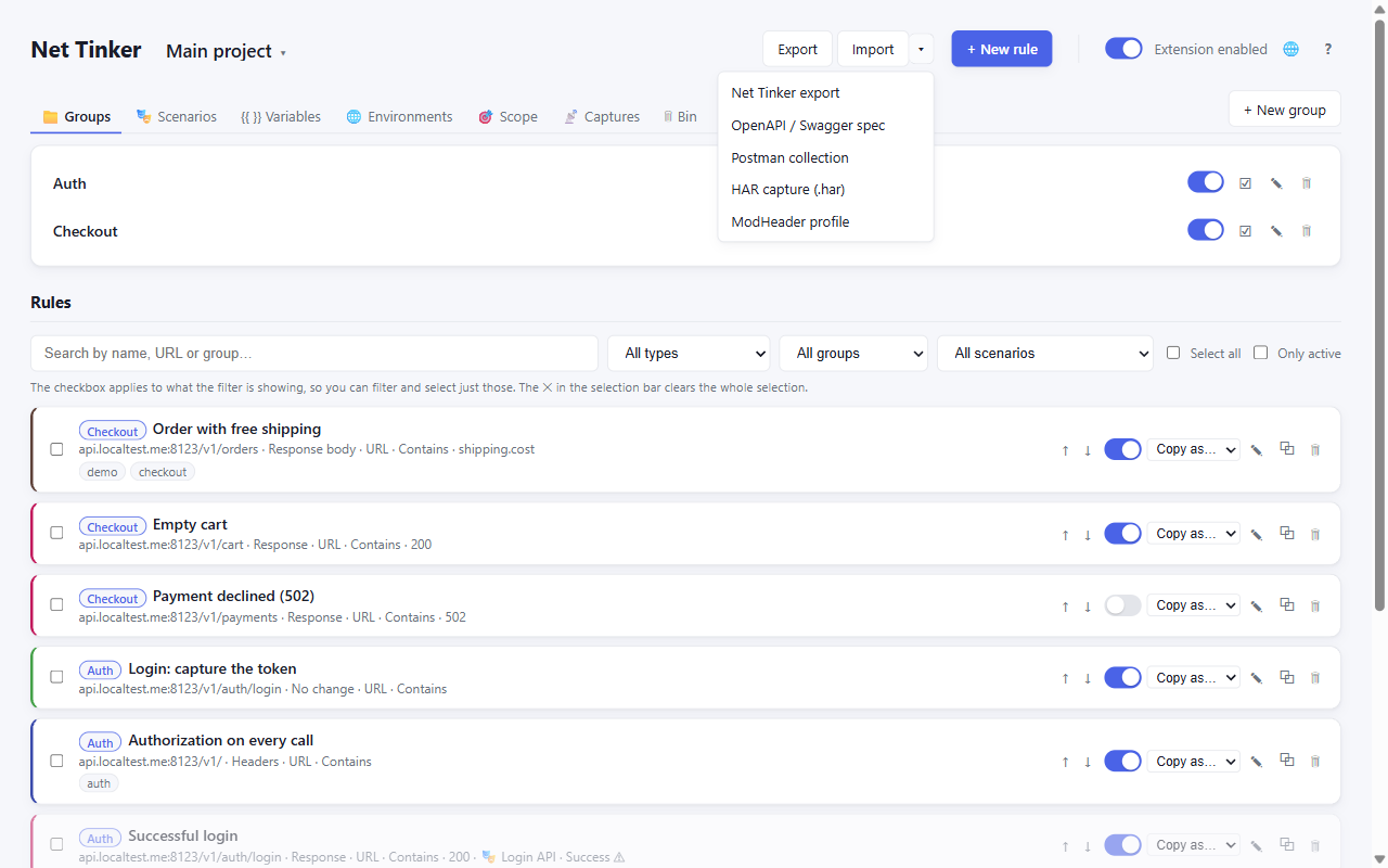 The Import menu open over the rule list, listing Net Tinker export, OpenAPI / Swagger spec, Postman collection, HAR capture and ModHeader profile.