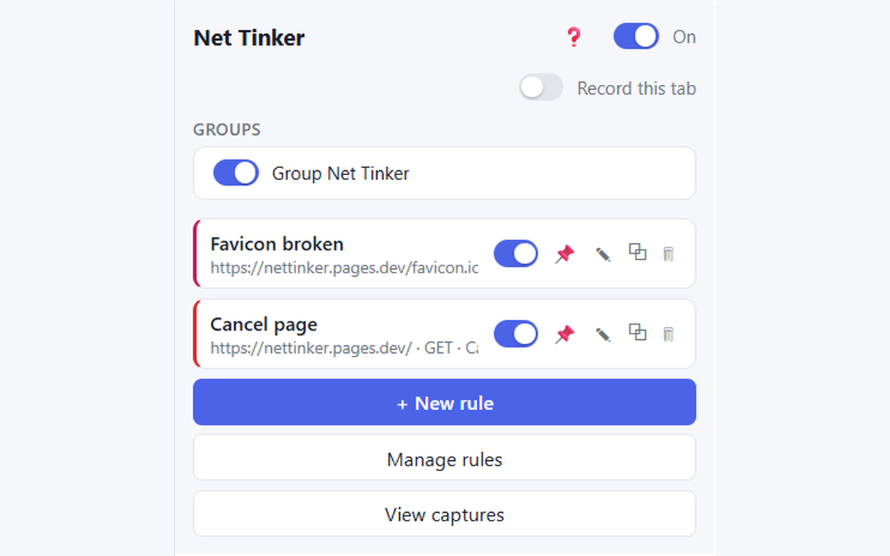 El popup de Net Tinker en la barra de herramientas, con dos reglas y sus interruptores.