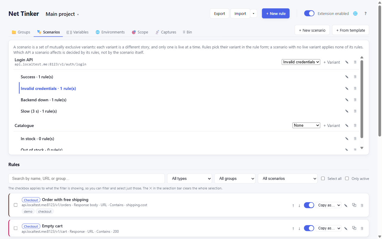 The Scenarios panel: a scenario called Login API with four variants — Success, Invalid credentials, Backend down and Slow — and a dropdown choosing which one is live.